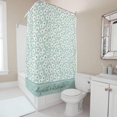 Monogram Boho Sage Green White Gray Floral  Shower Curtain