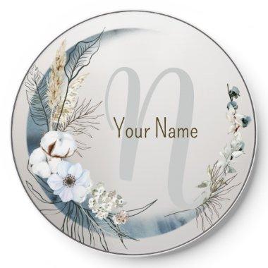 Monogram Boho White Orchid Flowers Blue Moon Wireless Charger