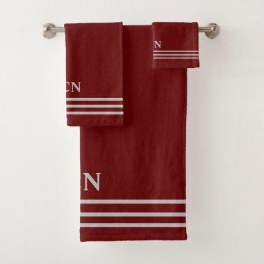 Monogram Burgundy Dark Red Light Gray Striped Bath Towel Set