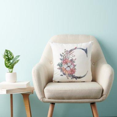 Monogram C Floral Watercolor Blue Peach Pink Throw Pillow