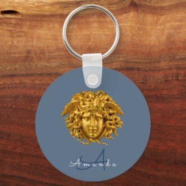 Monogram Chic Couture Gold Medusa Mask Slate Blue Keychain