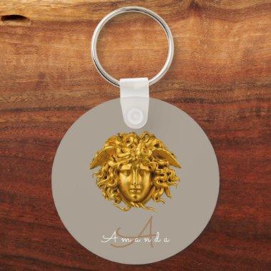 Monogram Chic Couture Gold Medusa Mask Taupe Brown Keychain