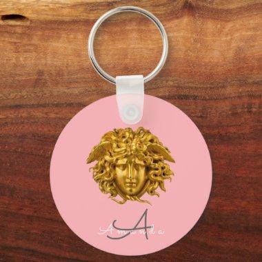 Monogram Chic French Gold Medusa Mask Blush Pink Keychain
