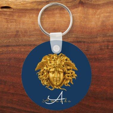 Monogram Chic French Gold Medusa Mask Navy Blue Keychain