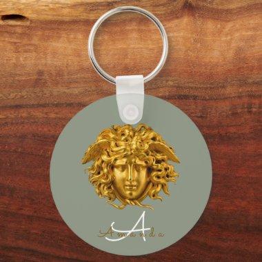 Monogram Chic French Gold Medusa Mask Sage Green Keychain