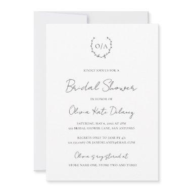 Monogram Classic Black White Elegant Bridal Shower Invitations