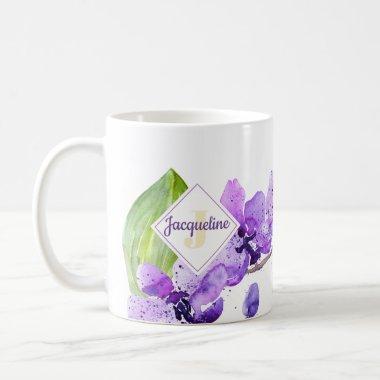 Monogram Colorful Watercolor Orchid design Coffee Mug
