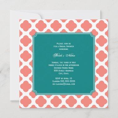 Monogram Coral Pink Quatrefoil Pattern with Teal Invitations