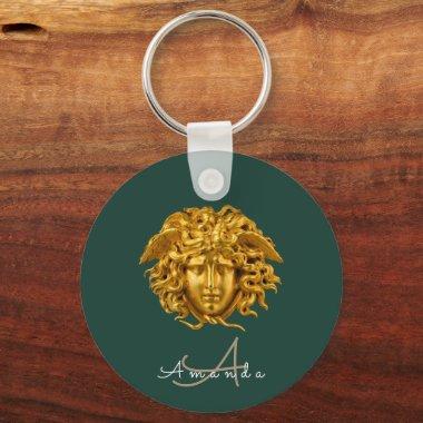 Monogram Couture Gold Medusa Mask Emerald Green Keychain