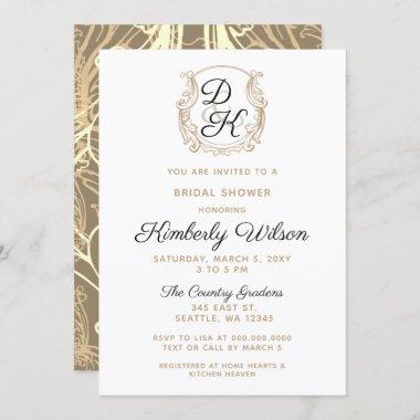 Monogram Crest Black and Gold Bridal Shower Invitations