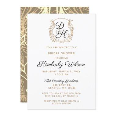 Monogram Crest Black and Gold Bridal Shower Invitations