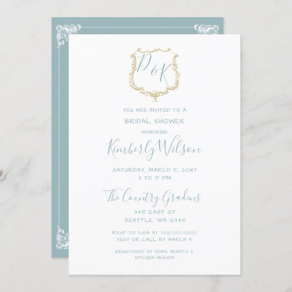 Monogram Crest Gold Dusty blue Bridal Shower Invitations