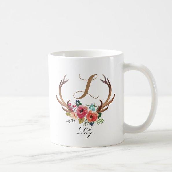 Monogram,custom floral deer horn-3 coffee mug