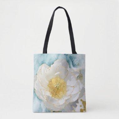 Monogram Elegant Flower Luxury Gold Watercolor Tote Bag