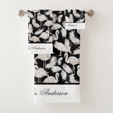 Monogram Elegant Script Black White Swan Feathers Bath Towel Set
