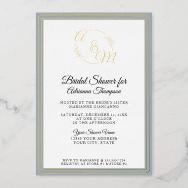 Monogram Elegant Simple Blue n Gold Bridal Shower Foil Invitations