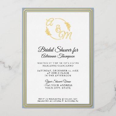 Monogram Elegant Simple Blue n Gold Bridal Shower Foil Invitations