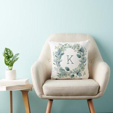Monogram Eucalyptus Greenery Leaves Wedding Throw Pillow