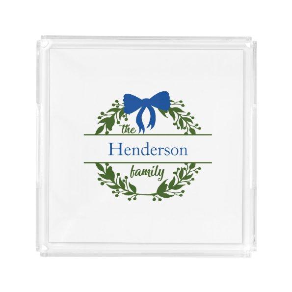 Monogram Family Name Green Wreath Blue Bow Acrylic Tray