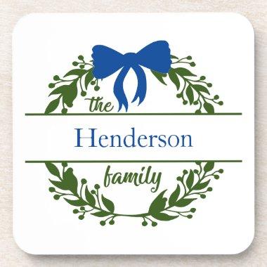 Monogram Family Name Green Wreath Blue Bow Beverage Coaster