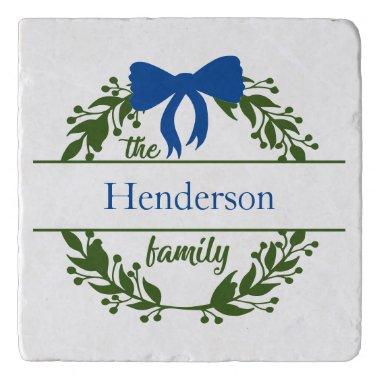 Monogram Family Name Green Wreath Blue Bow Country Trivet