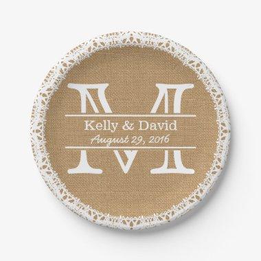 Monogram Faux Burlap & Lace Rustic Wedding Paper Plates