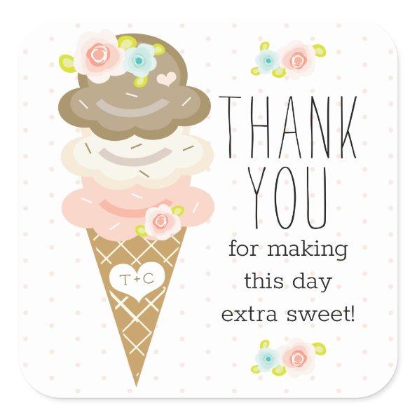 Monogram Floral Ice Cream Bridal Shower Thank You Square Sticker