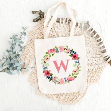 Monogram Floral Initial Women Bride Wedding Party Tote Bag