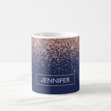 Monogram Glitter Blush Pink Rose Gold Navy Blue Coffee Mug