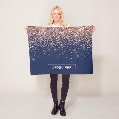 Monogram Glitter Blush Pink Rose Gold Navy Blue Fleece Blanket