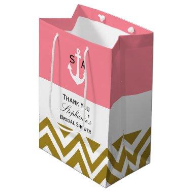 Monogram Gold Chevron with Pink Nautical Bridal Medium Gift Bag