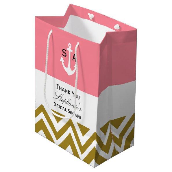 Monogram Gold Chevron with Pink Nautical Bridal Medium Gift Bag