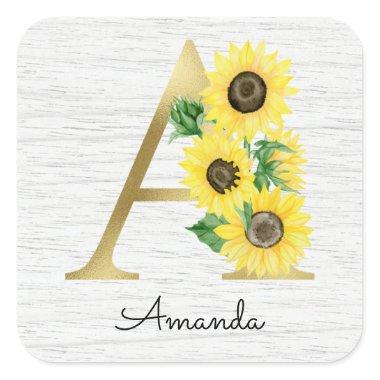 Monogram Gold Sunflower Girly Floral Initial A Square Sticker