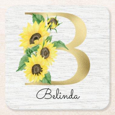 Monogram Gold Sunflower Girly Floral Initial B Square Paper Coaster