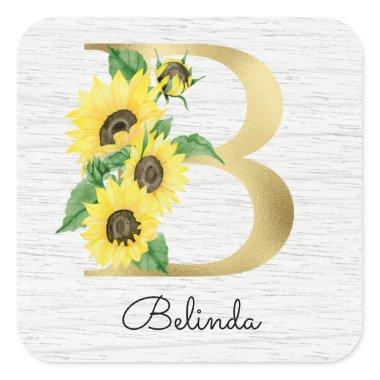 Monogram Gold Sunflower Girly Floral Initial B Square Sticker