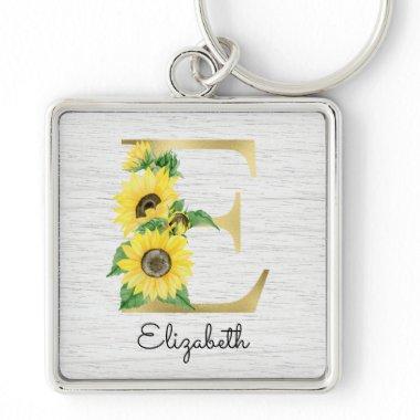 Monogram Gold Sunflower Girly Floral Initial E Keychain