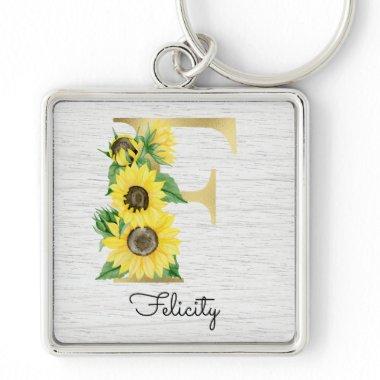 Monogram Gold Sunflower Girly Floral Initial F Keychain