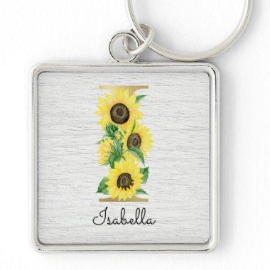 Monogram Gold Sunflower Girly Floral Initial I Keychain