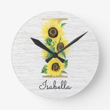 Monogram Gold Sunflower Girly Floral Initial I Round Clock