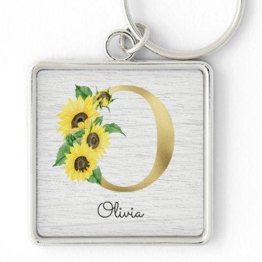 Monogram Gold Sunflower Girly Floral Initial O Keychain
