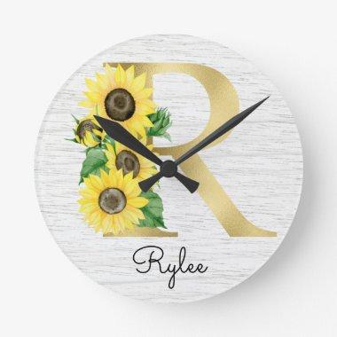 Monogram Gold Sunflower Girly Floral Initial R Round Clock