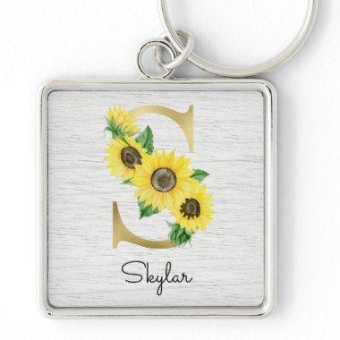 Monogram Gold Sunflower Girly Floral Initial S Keychain