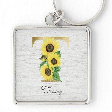 Monogram Gold Sunflower Girly Floral Initial T Keychain