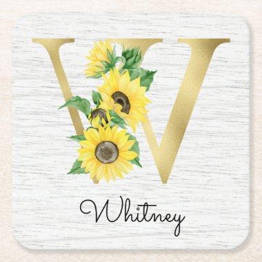 Monogram Gold Sunflower Girly Floral Initial W Square Paper Coaster