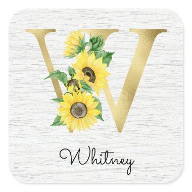 Monogram Gold Sunflower Girly Floral Initial W Square Sticker