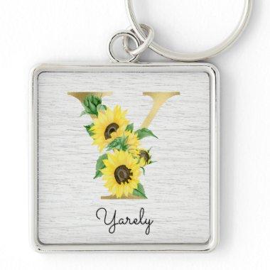 Monogram Gold Sunflower Girly Floral Initial Y Keychain
