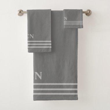 Monogram Gray Light Gray Striped Border Gift Bath Towel Set