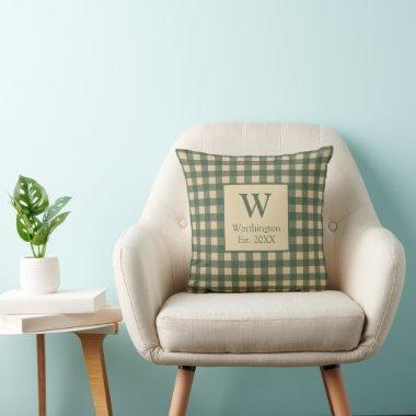 Monogram Green Tan Beige Buffalo Plaid Country Throw Pillow