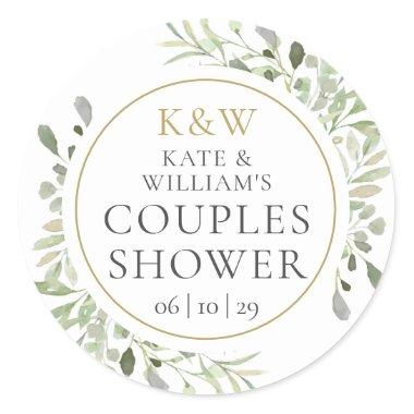 Monogram Greenery Couples Wedding Shower Classic Round Sticker