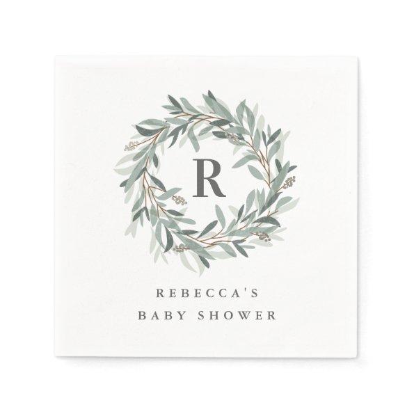 Monogram Greenery Wreath Baby Shower Napkins
